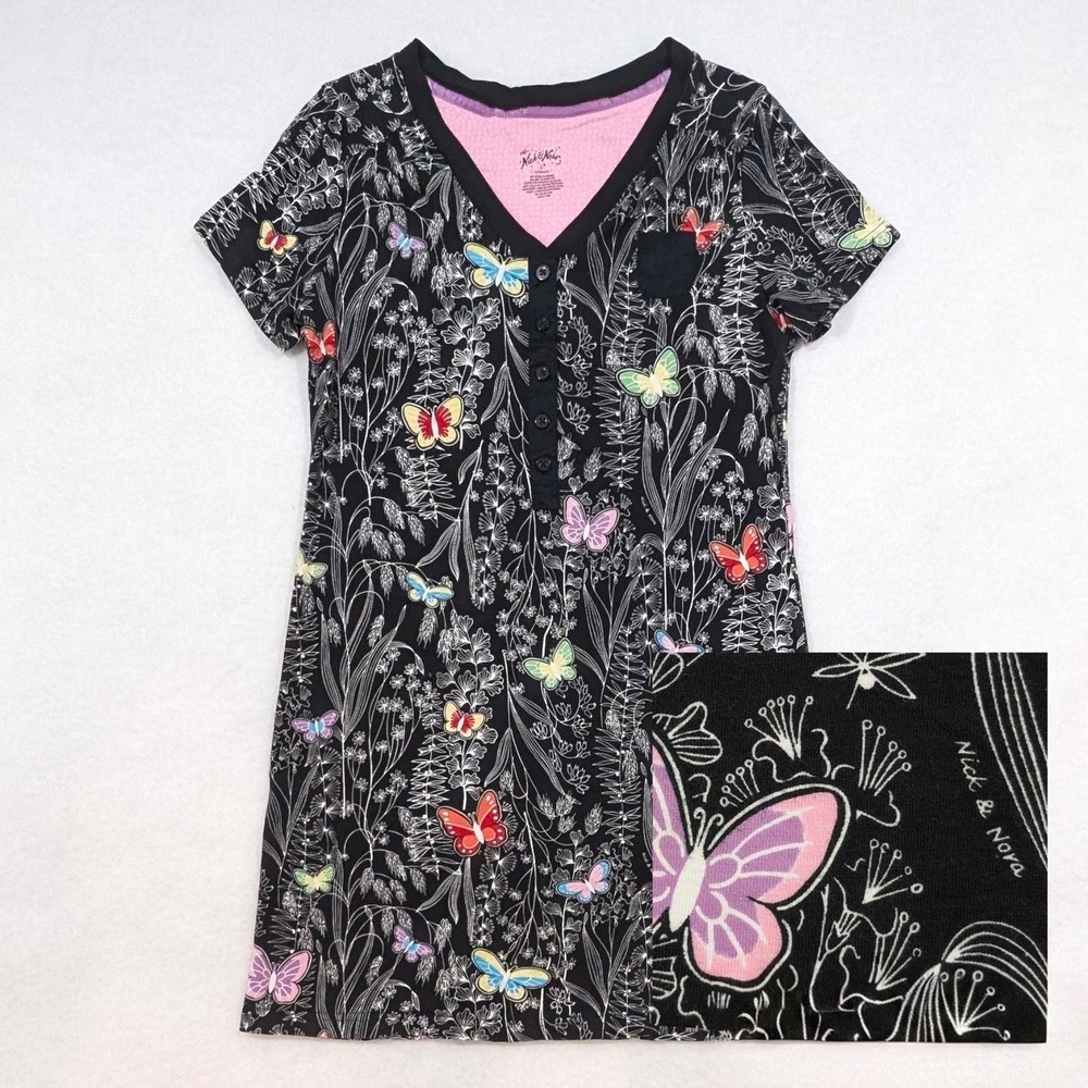 Nick & Nora Nightgown Cotton Butterfly Floral Sketch Short Sleeve Henley V-Neck